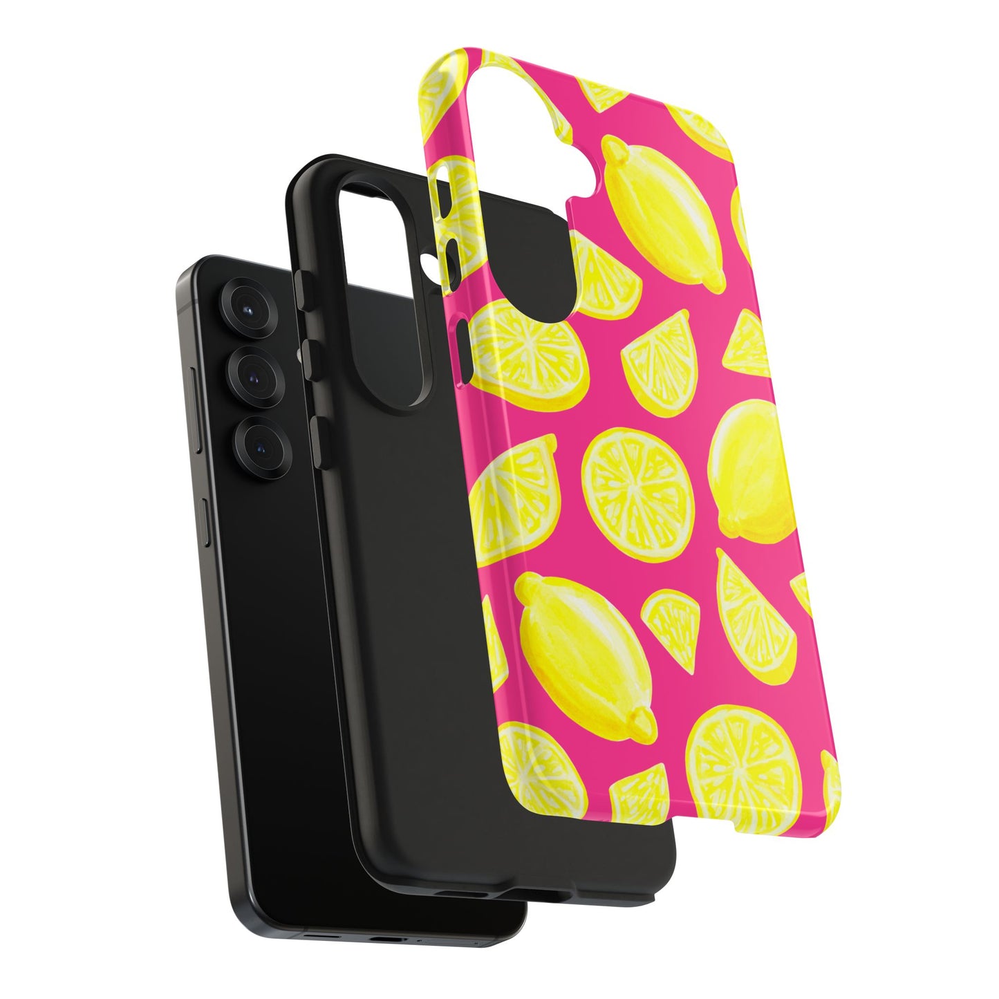 Bright Yellow Lemons Watercolor Illustrated Tossed Pattern Watermelon Pink Tough Phone Case | Various Models