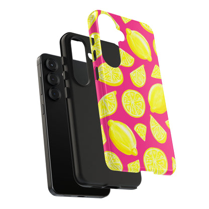 Bright Yellow Lemons Watercolor Illustrated Tossed Pattern Watermelon Pink Tough Phone Case | Various Models