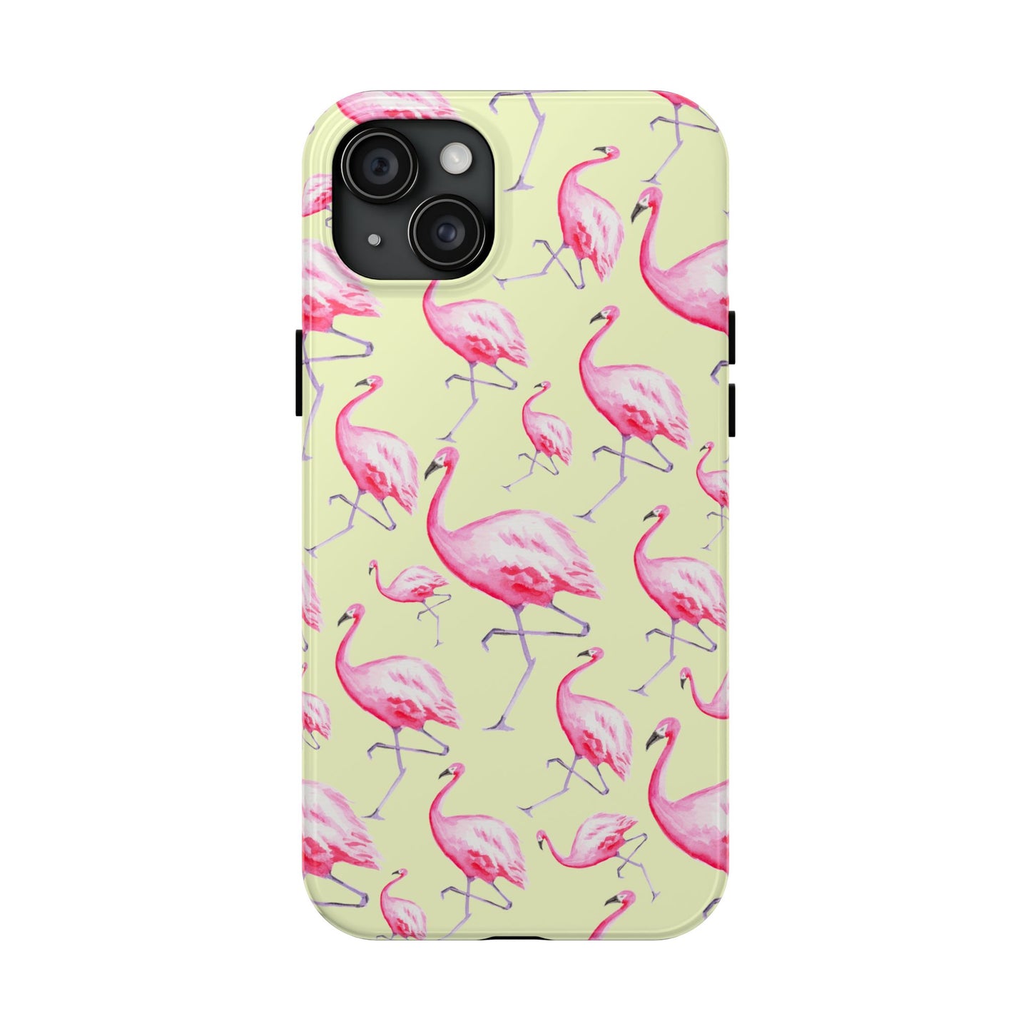 Pink Flamingos Watercolor Illustrated Tossed Pattern Yellow Phone Case | Various Models iPhone 15 Plus