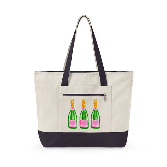 Pink & Green Champagne Bottle Trio Watercolor Printed Zippered Canvas Tote 18" x 14" | Various Colors 18" x 14" x 4.5" Natural Navy