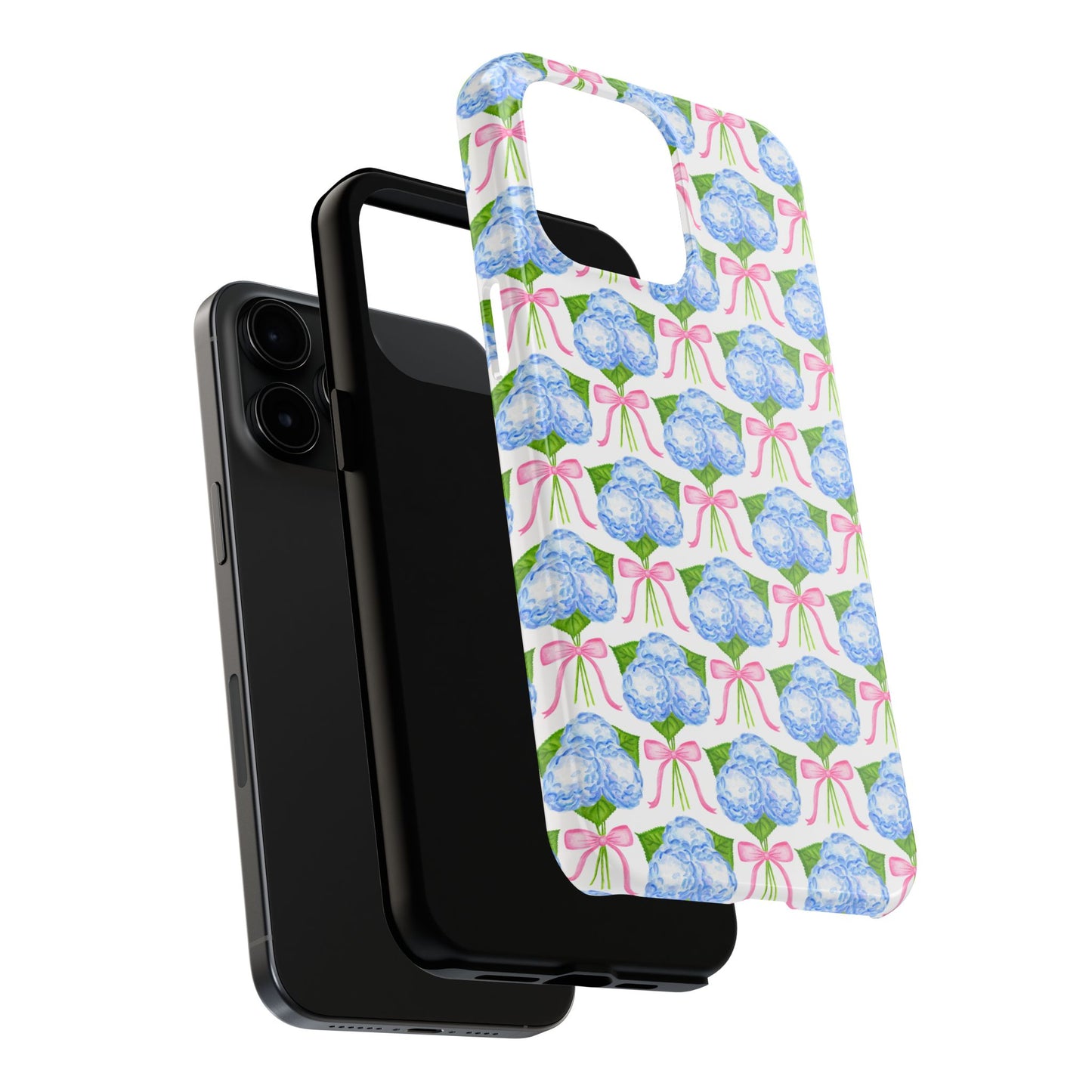 Blue Watercolor Hydrangea Bouqets with Light Pink Bows Watercolor Illustrated Patterned Tough Phone Case | Various Models