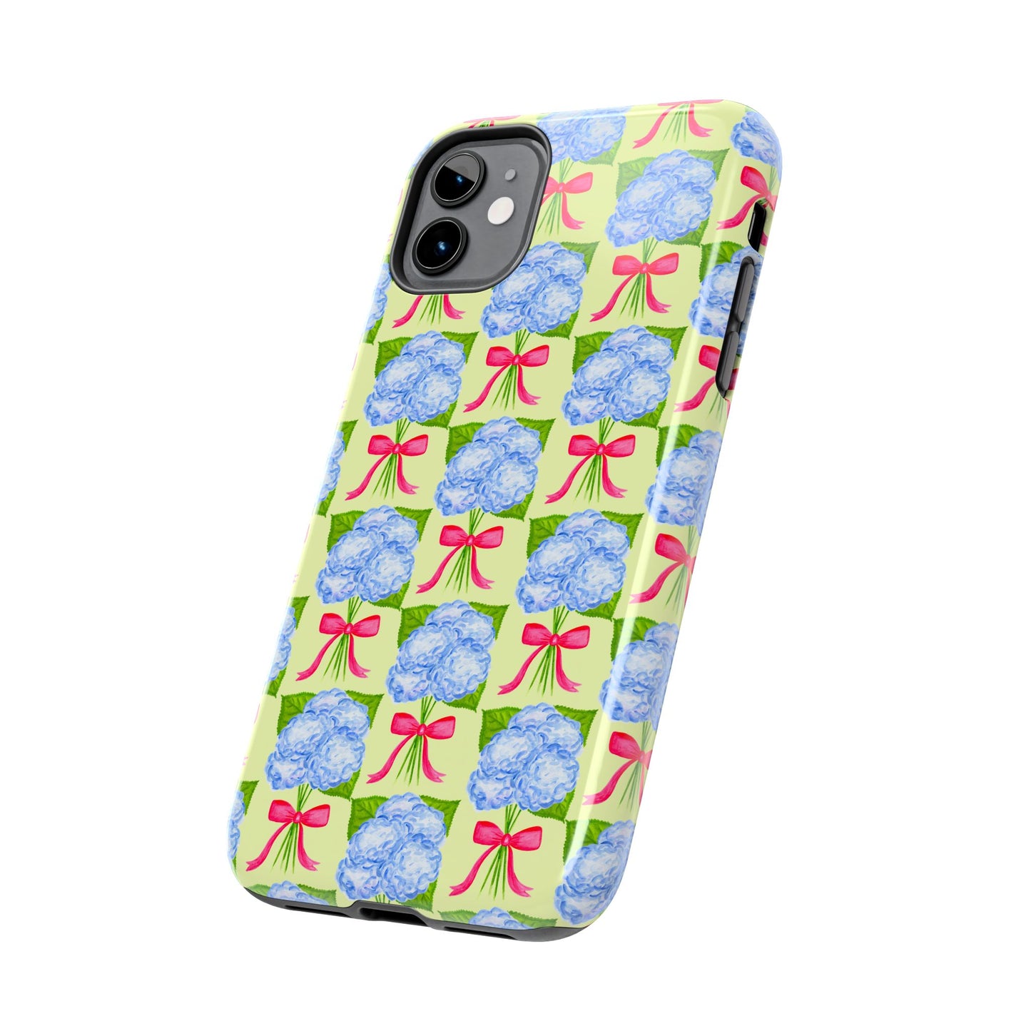 Blue Watercolor Hydrangea Bouquets with Hot Pink Bows Illustrated Patterned Yellow Preppy Grand Millenial Tough Phone Case | Various Models