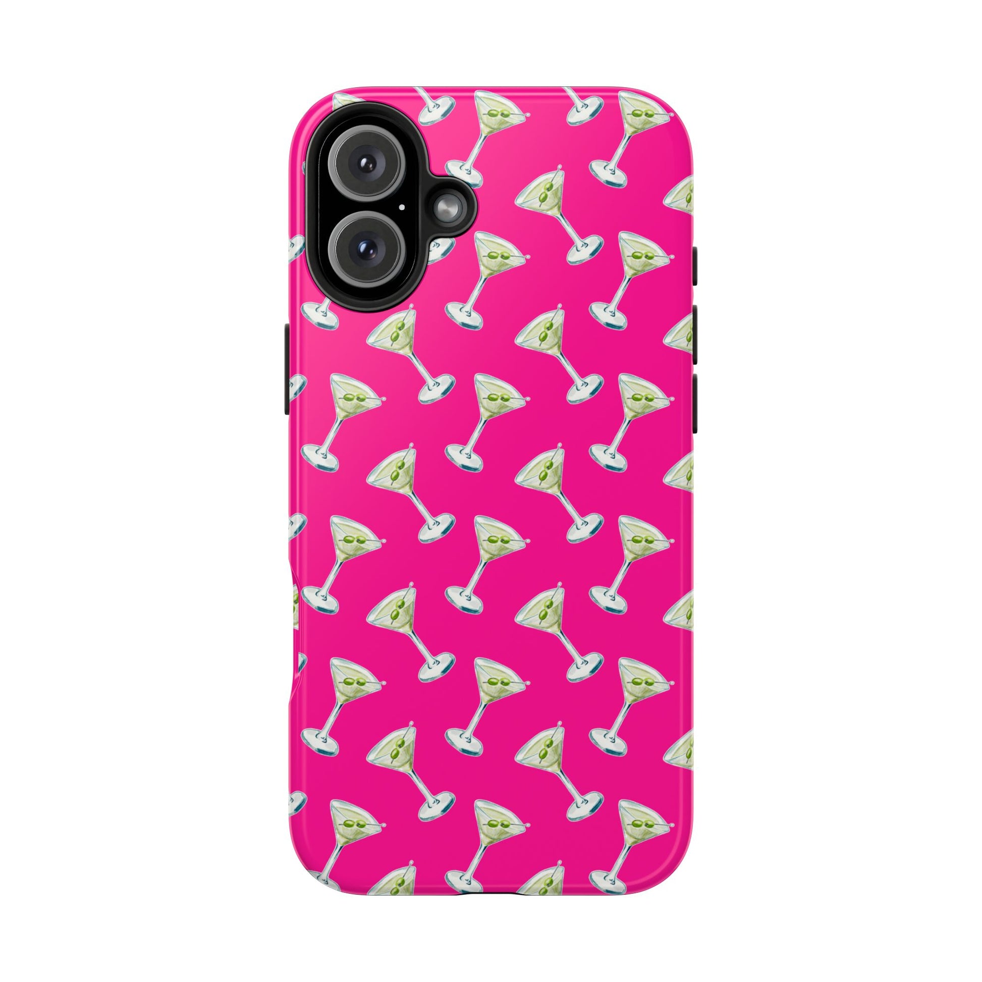 Hot Pink Mini Martini Watercolor Illustrated Tossed Pattern Tough Phone Case | Various Models Available iPhone 16 Plus