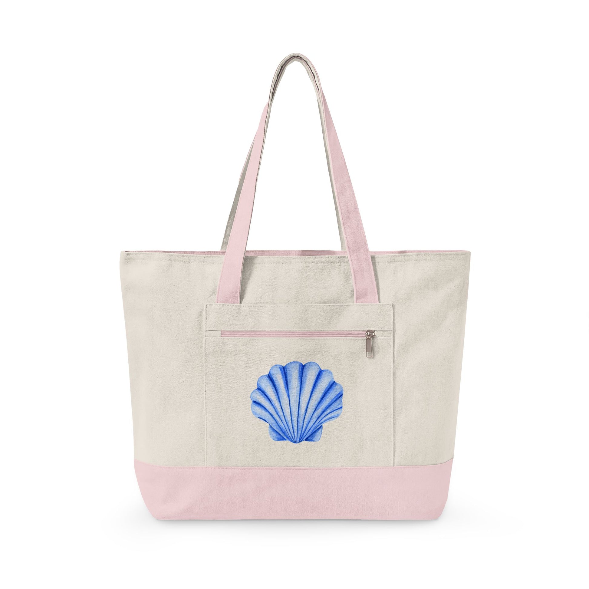 Blue Watercolor Seashell Printed Zippered Canvas Tote 18" x 14" | Various Colors 18" x 14" x 4.5" Natural Light Pink