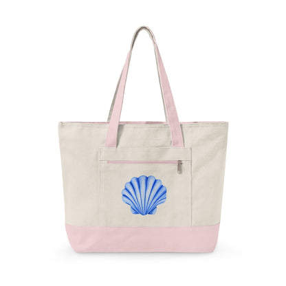 Blue Watercolor Seashell Printed Zippered Canvas Tote 18" x 14" | Various Colors 18" x 14" x 4.5" Natural Light Pink