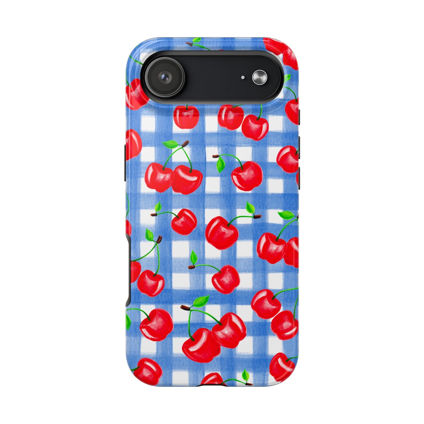 Tossed Red Watercolor Illustrated Cherries Light Blue Gingham Tough Phone Case | Various Models