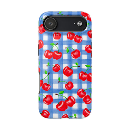 Tossed Red Watercolor Illustrated Cherries Light Blue Gingham Tough Phone Case | Various Models
