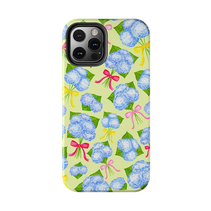 Blue Watercolor Hydrangea Bunches with Hot Pink, Yellow, Light Pink Bows Illustrated Patterned Yellow Tough Phone Case | Various Models