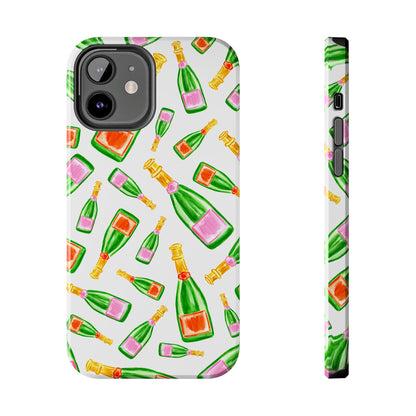 Tossed Pink and Green & Orange and Green Watercolor Illustrated Champagne Bottles Pattern Tough Phone Case | Various Models