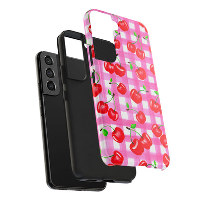 Tossed Red Watercolor Cherries Illustrated Pattern Light Pink Gingham Tough Phone Case | Various Models