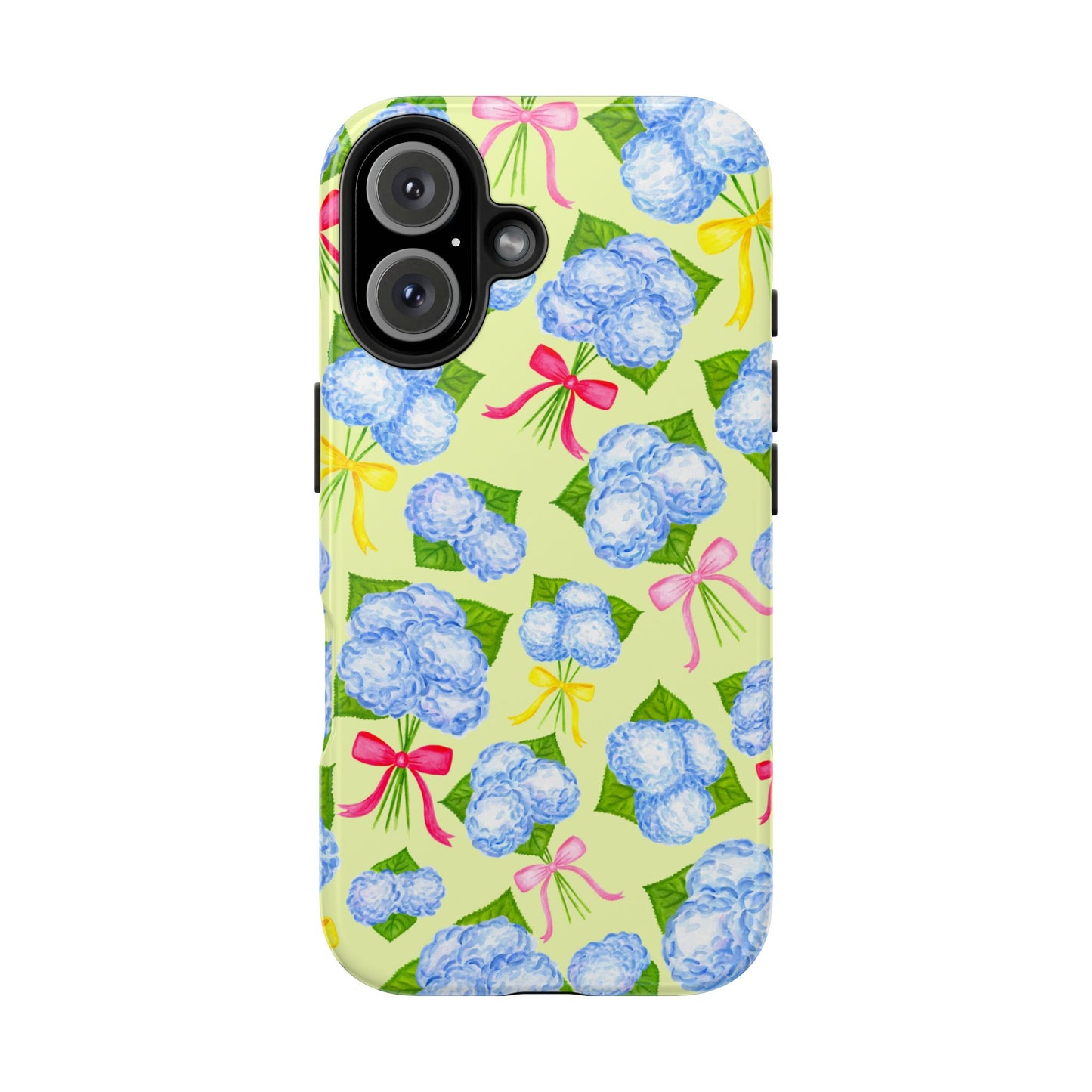 Blue Watercolor Hydrangea Bunches with Hot Pink, Yellow, Light Pink Bows Illustrated Patterned Yellow Tough Phone Case | Various Models