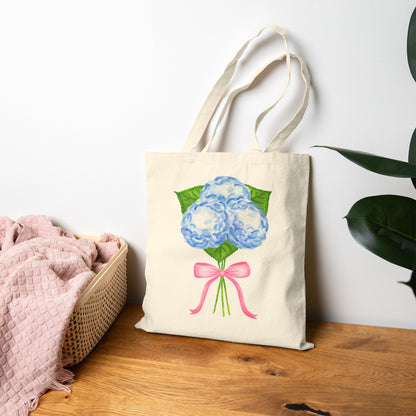 Canvas Book Tote | Blue Hydrangeas with Light Pink Bow Watercolor Printed Farmers Market Tote | Coastal Preppy Gifts