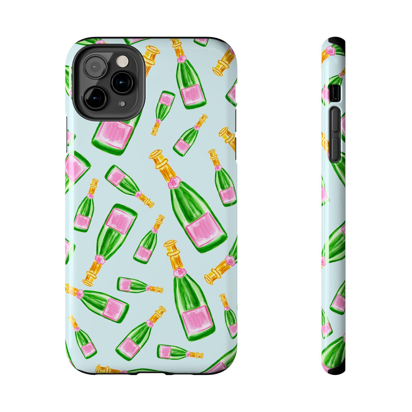 Tossed Pink and Green Watercolor Illustrated Champagne Bottles Pattern Light Blue Tough Phone Case | Various Models