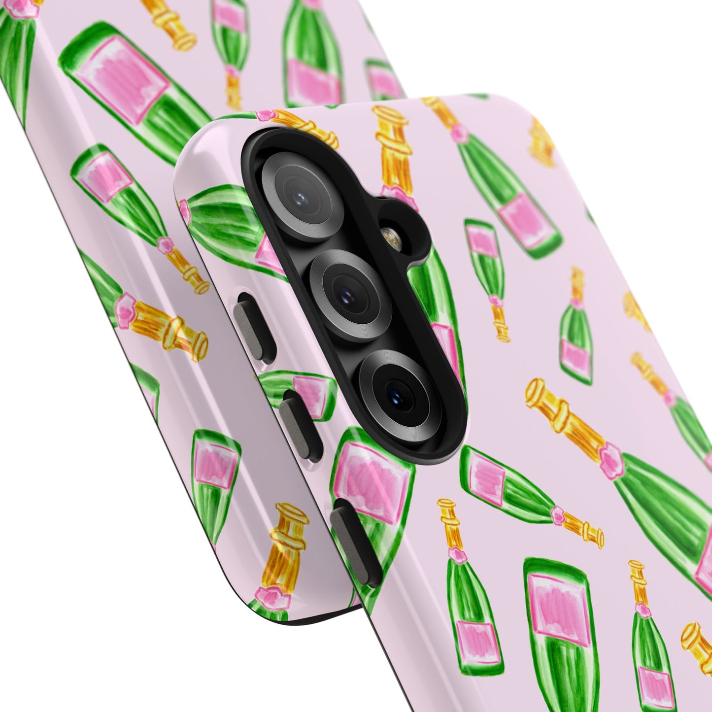 Tossed Pink and Green Watercolor Illustrated Champagne Bottles Pattern Blush Pink Tough Phone Case | Various Models