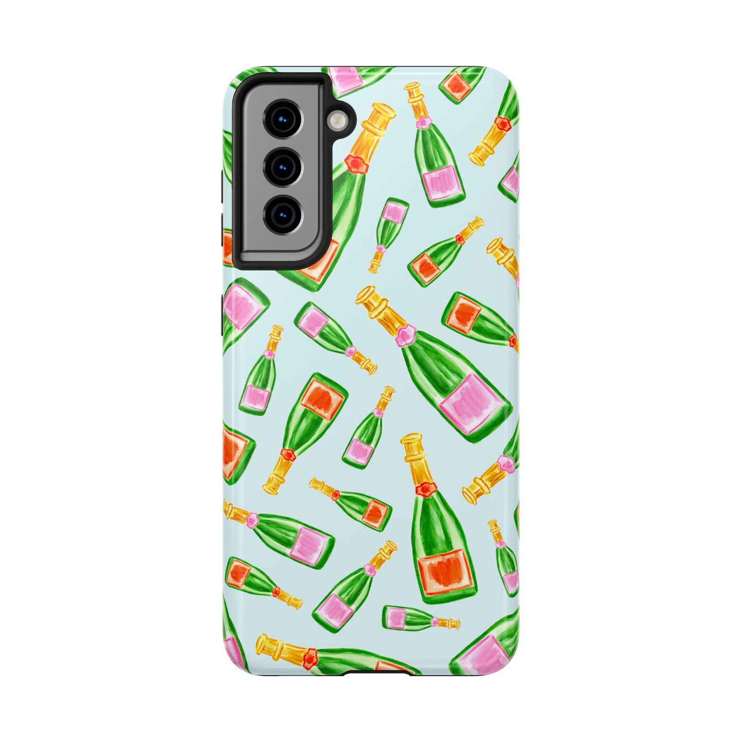 Tossed Pink and Green & Orange and Green Watercolor Illustrated Champagne Bottles Pattern Light Blue Tough Phone Case | Various Models