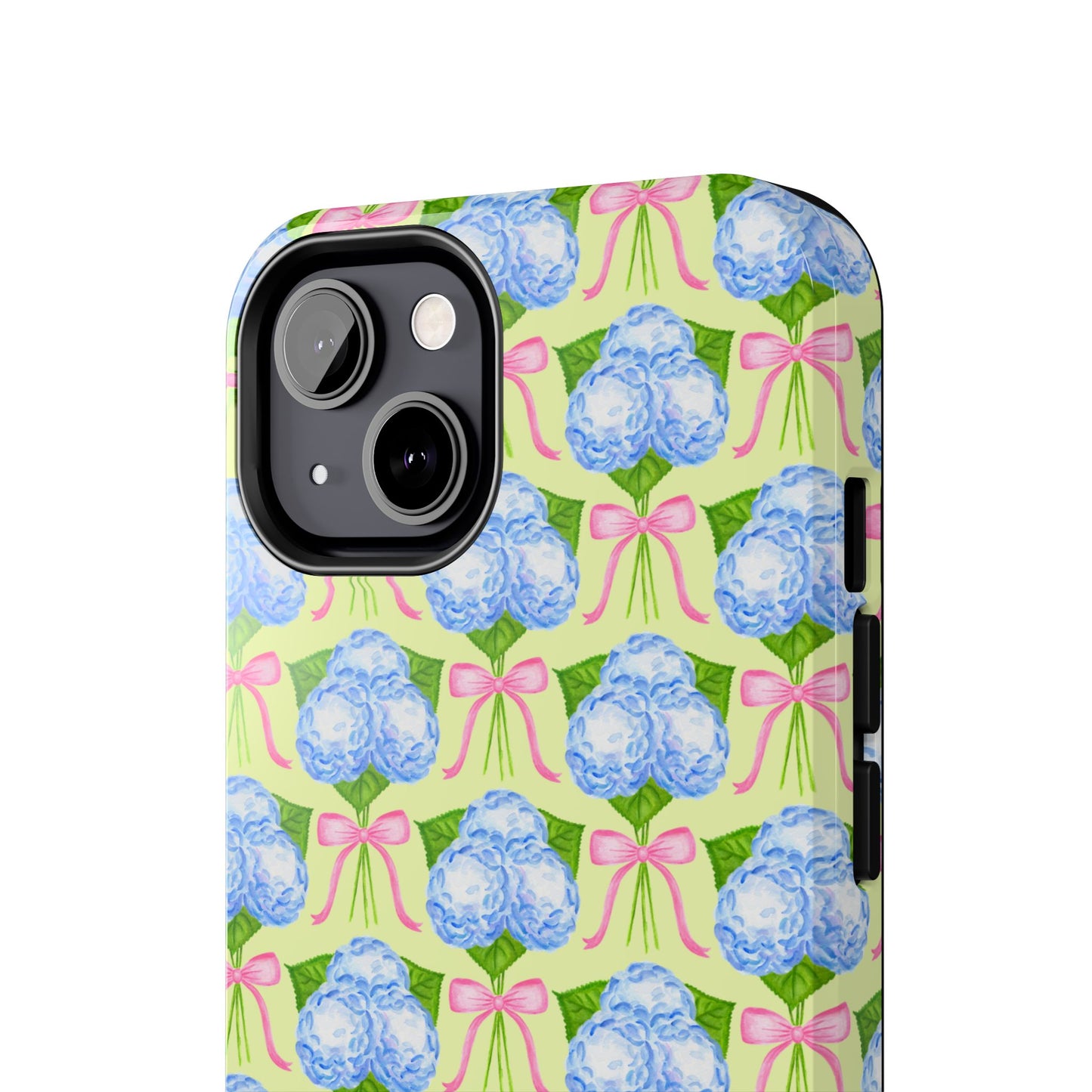 Blue Watercolor Hydrangea Bouquets with Light Pink Bows Watercolor Illustrated Patterned Yellow Tough Phone Case | Various Models