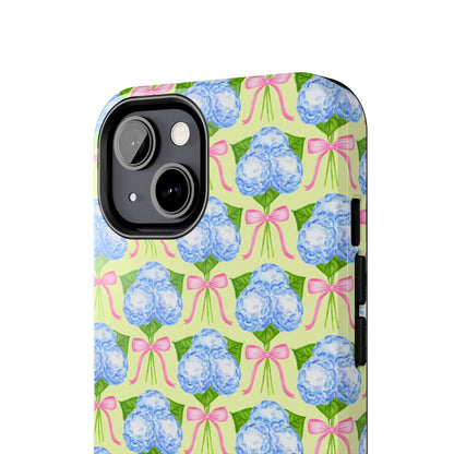 Blue Watercolor Hydrangea Bouquets with Light Pink Bows Watercolor Illustrated Patterned Yellow Tough Phone Case | Various Models