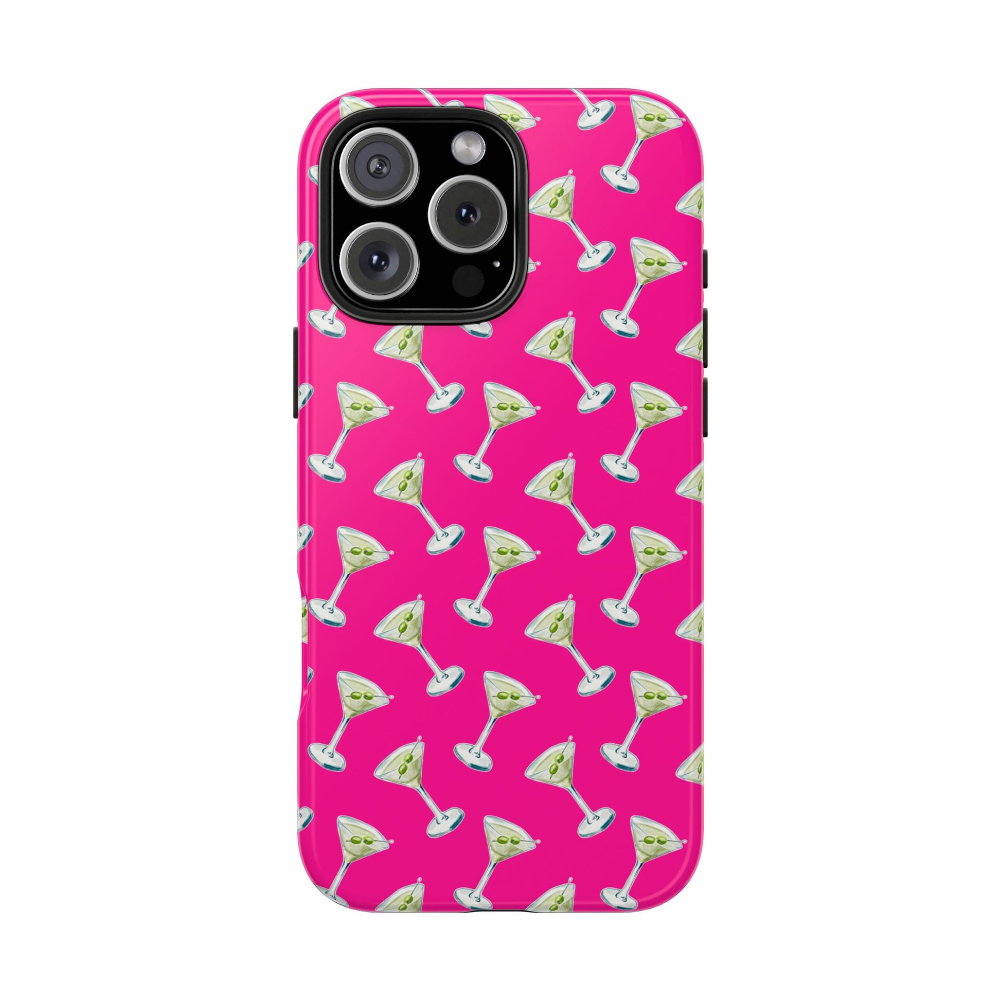 Hot Pink Mini Martini Watercolor Illustrated Tossed Pattern Tough Phone Case | Various Models Available iPhone 16 Pro Max