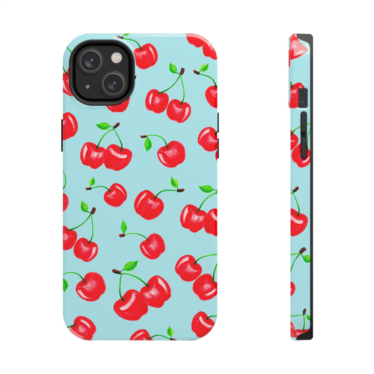 Tossed Red Watercolor Cherries Illustrated Pattern Bright Blue Tough Phone Case | Various Models