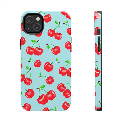 Tossed Red Watercolor Cherries Illustrated Pattern Bright Blue Tough Phone Case | Various Models