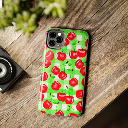 Red Tossed Cherries Green Gingham Watercolor Illustrated Tough Phone Case | Various Models Available