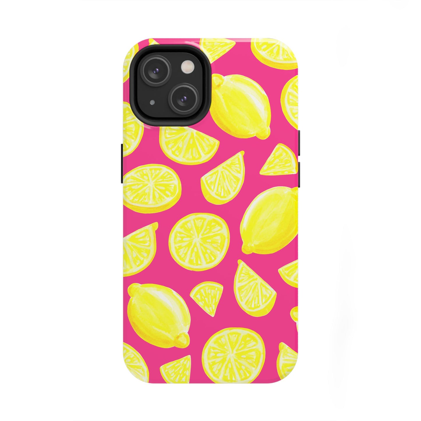 Bright Yellow Lemons Watercolor Illustrated Tossed Pattern Watermelon Pink Tough Phone Case | Various Models