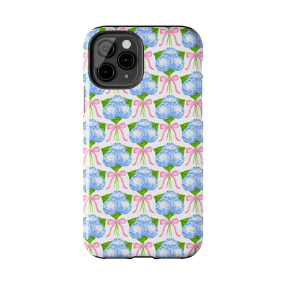 Blue Watercolor Hydrangea Bouqets with Light Pink Bows Watercolor Illustrated Patterned Tough Phone Case | Various Models