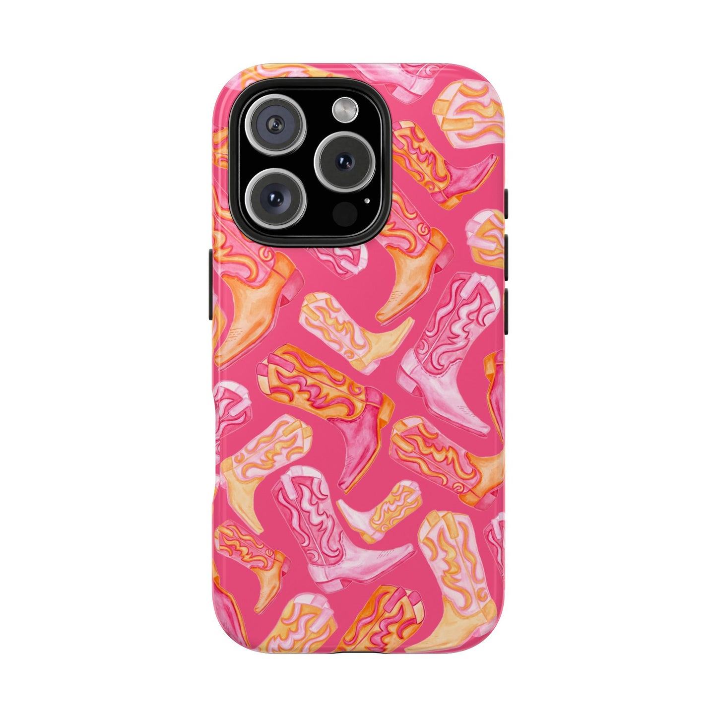 Tossed Hot Pink & Orange Watercolor Cowboy Boots Hot Pink Tough Phone Cases | Various Models iPhone 16 Pro