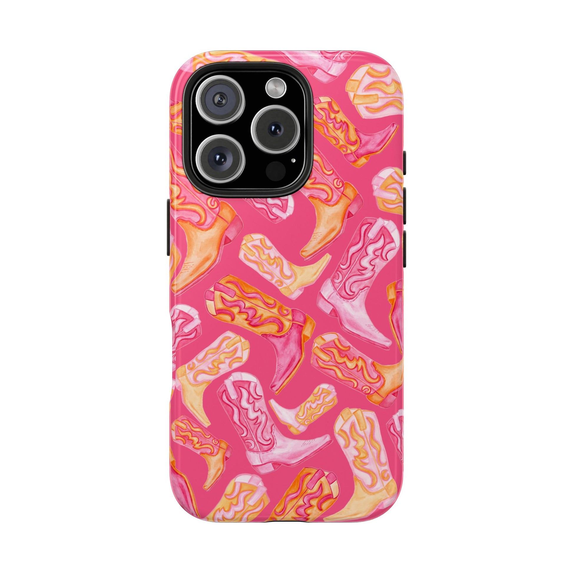 Tossed Hot Pink & Orange Watercolor Cowboy Boots Hot Pink Tough Phone Cases | Various Models iPhone 16 Pro