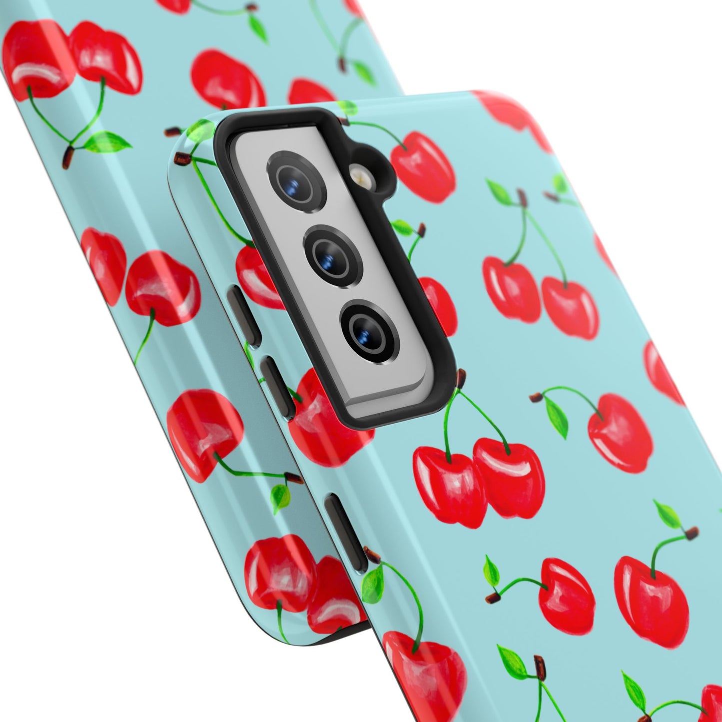 Tossed Red Watercolor Cherries Illustrated Pattern Bright Blue Tough Phone Case | Various Models