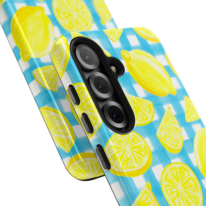 Bright Yellow Lemons Watercolor Illustrated Tossed Pattern Turquoise Gingham Tough Phone Case | Various Models