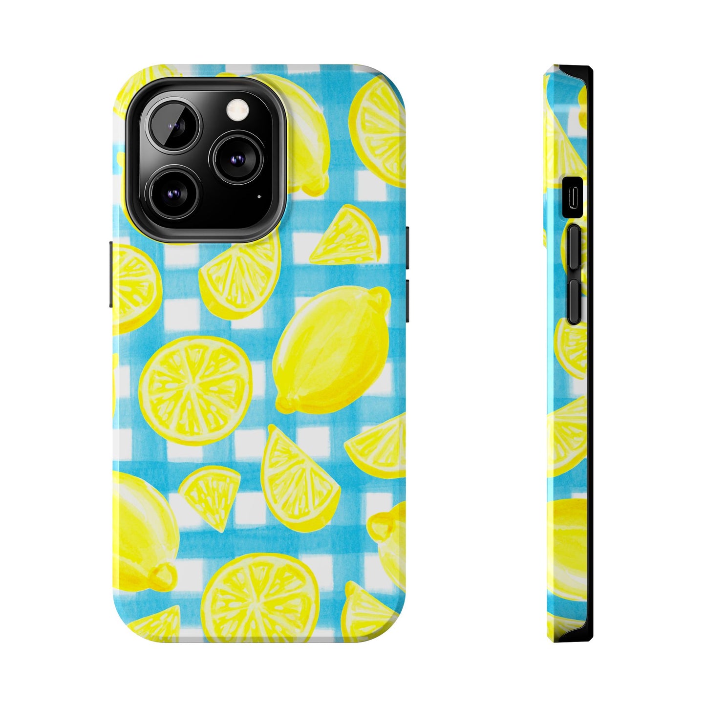 Yellow Lemons & Turquoise Gingham Watercolor Illustrated Tough Phone Case | Various Models Available