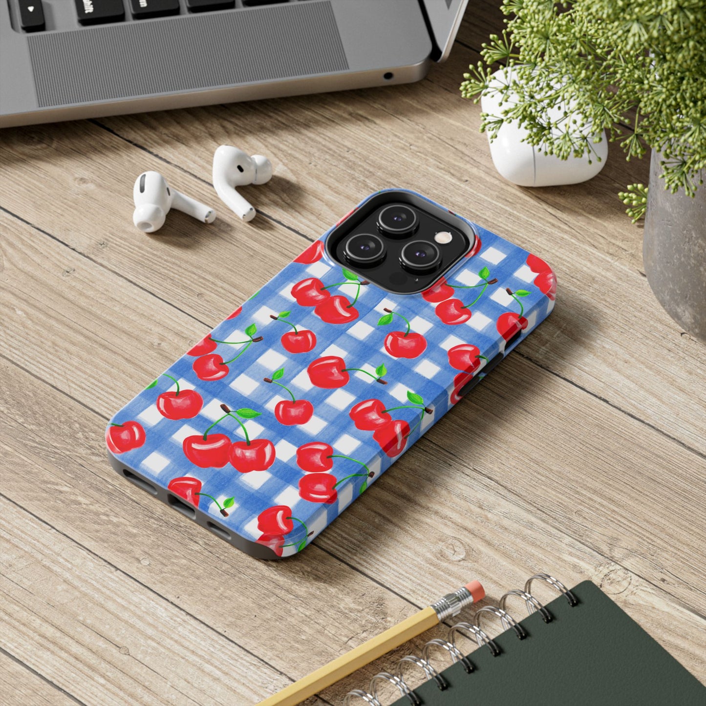 Tossed Red Watercolor Illustrated Cherries Light Blue Gingham Tough Phone Case | Various Models