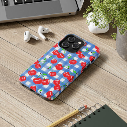 Tossed Red Watercolor Illustrated Cherries Light Blue Gingham Tough Phone Case | Various Models