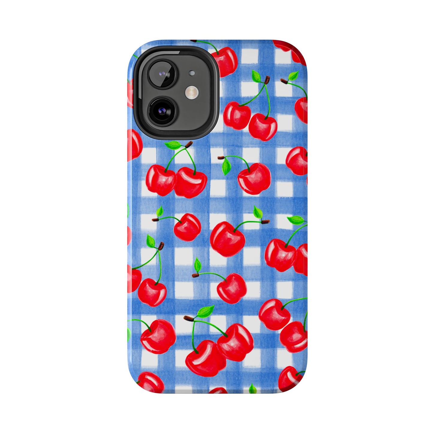 Tossed Red Watercolor Illustrated Cherries Light Blue Gingham Tough Phone Case | Various Models