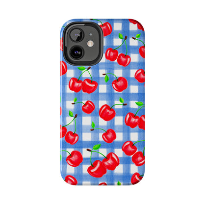 Tossed Red Watercolor Illustrated Cherries Light Blue Gingham Tough Phone Case | Various Models