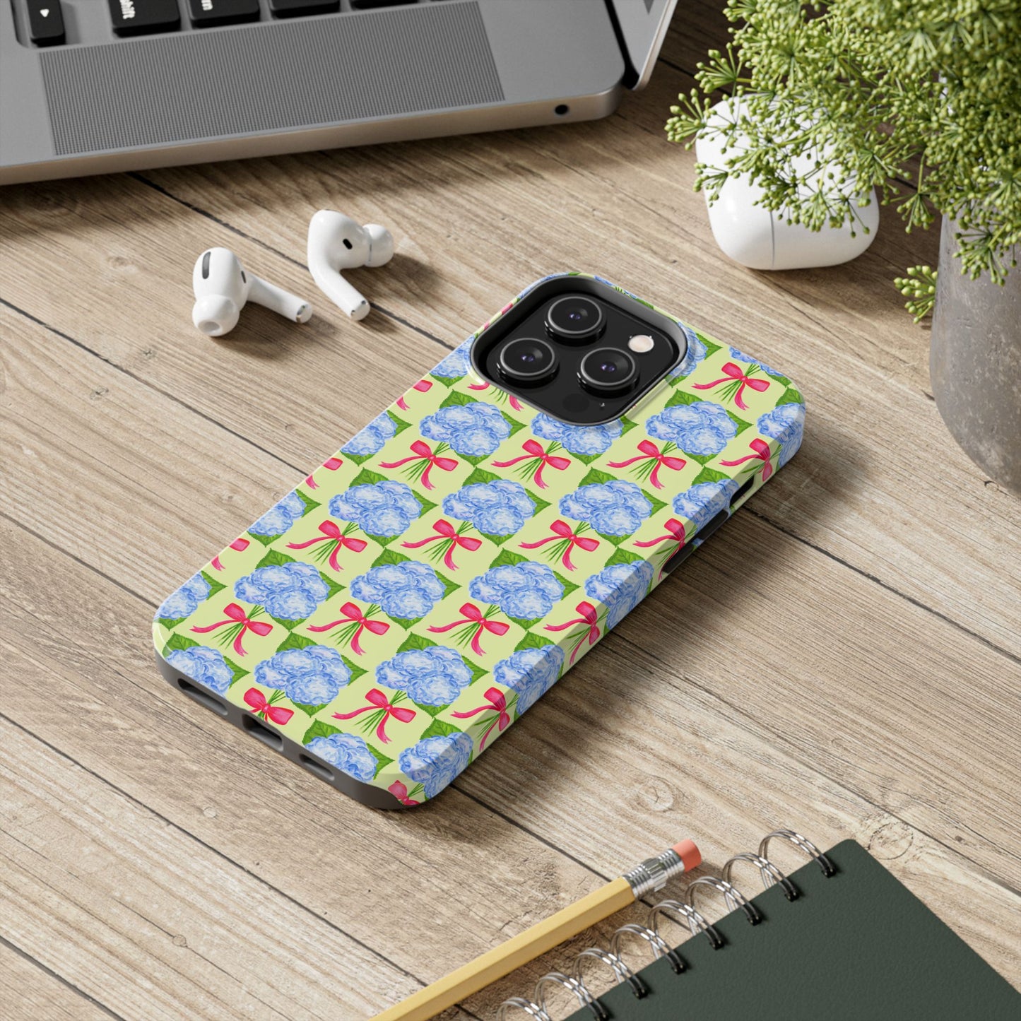 Blue Watercolor Hydrangea Bouquets with Hot Pink Bows Illustrated Patterned Yellow Preppy Grand Millenial Tough Phone Case | Various Models