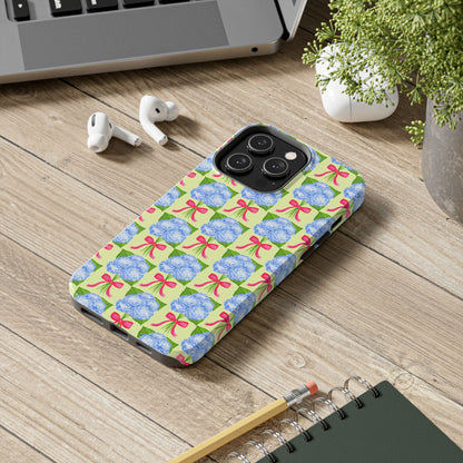 Blue Watercolor Hydrangea Bouquets with Hot Pink Bows Illustrated Patterned Yellow Preppy Grand Millenial Tough Phone Case | Various Models