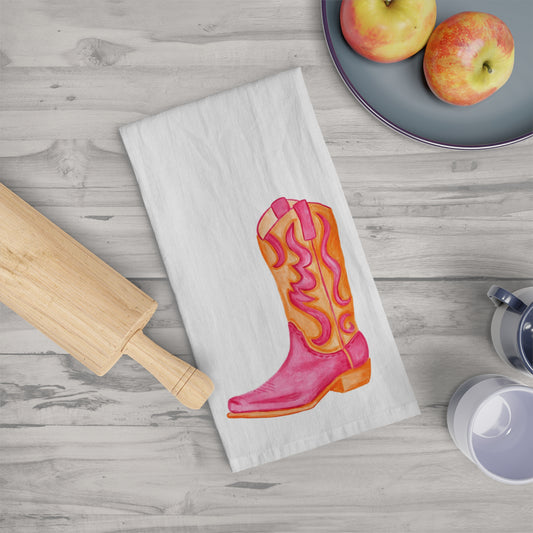 Tea Towel | Hot Pink & Orange Cowboy Boot Watercolor Illustration | Boho Western Rustic Kitchen Decor | Coastal Cowgirl Kitchen