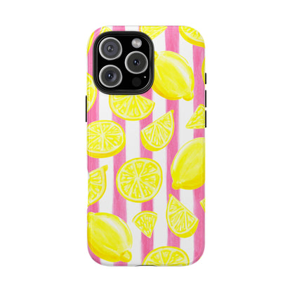 Pink Lemonade Yellow Lemons with Pink & White Watercolor Stripes Tough Phone Case