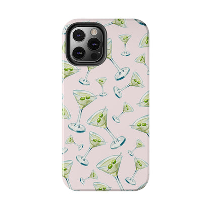 Watercolor Blue and Green Martinis Tossed Illustrated Pattern Blush Pink Tough Phone Case | Various Models