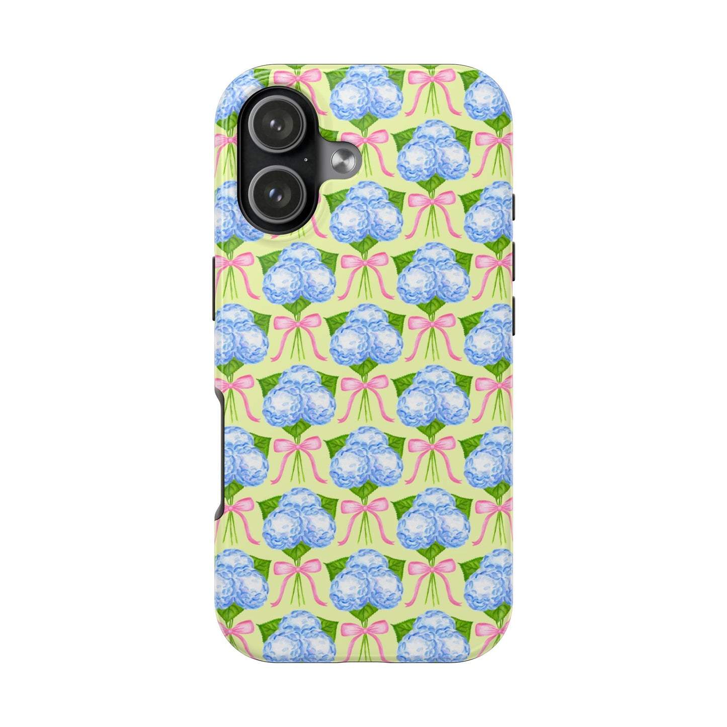 Blue Watercolor Hydrangea Bouquets with Light Pink Bows Watercolor Illustrated Patterned Yellow Tough Phone Case | Various Models