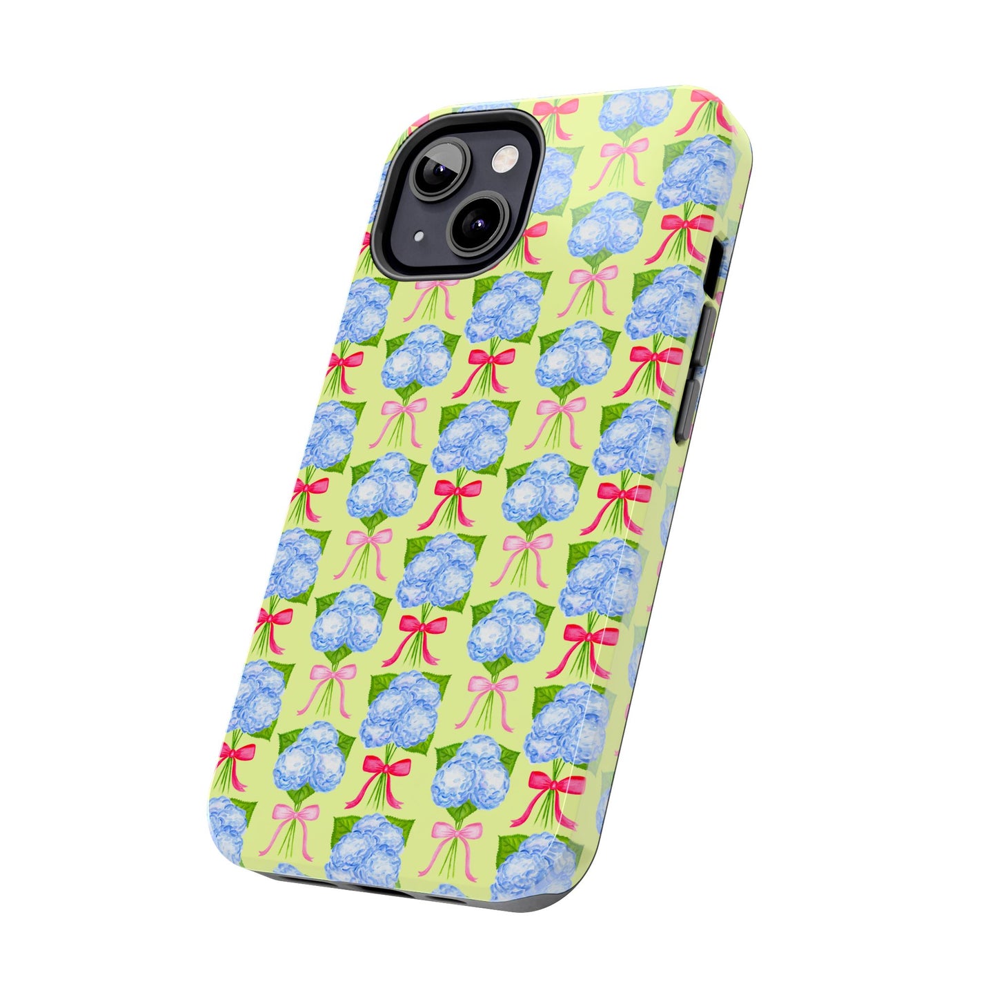 Watercolor Blue Hydrangea Bouquets with Hot Pink and Light Pink Bow Ribbons Illustrated Pattern Yellow Tough Phone Case | Various Models
