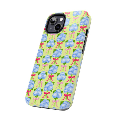 Watercolor Blue Hydrangea Bouquets with Hot Pink and Light Pink Bow Ribbons Illustrated Pattern Yellow Tough Phone Case | Various Models