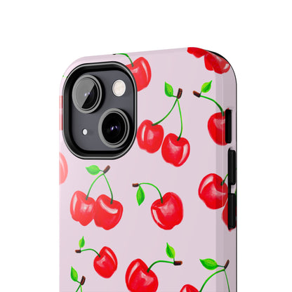 Tossed Red Watercolor Cherries Illustrated Pattern Light Pink Tough Phone Case | Various Models