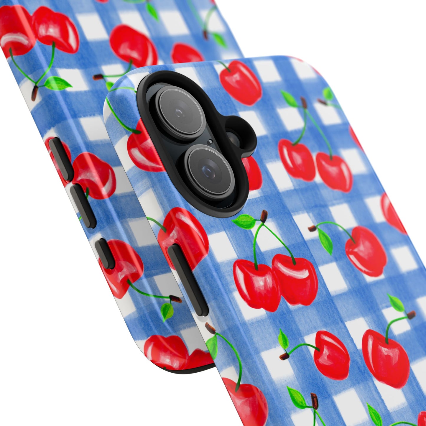 Tossed Red Watercolor Illustrated Cherries Light Blue Gingham Tough Phone Case | Various Models