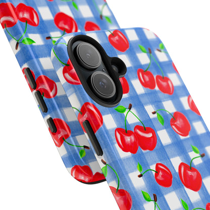 Tossed Red Watercolor Illustrated Cherries Light Blue Gingham Tough Phone Case | Various Models