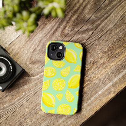 Bright Yellow Lemons Watercolor Illustrated Tossed Pattern Mint Green Tough Phone Case | Various Models