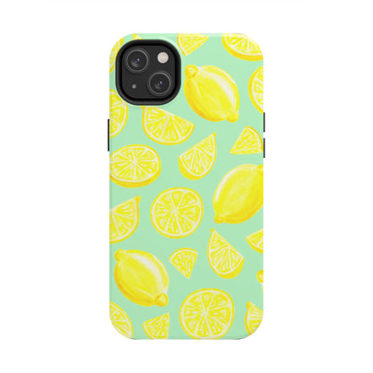 Bright Yellow Lemons Watercolor Illustrated Tossed Pattern Mint Green Tough Phone Case | Various Models