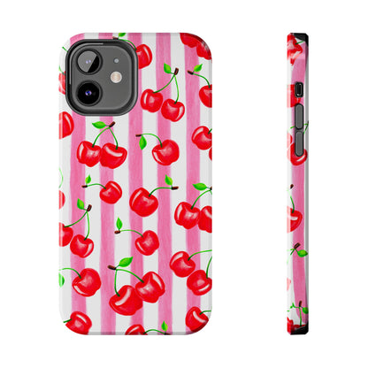 Tossed Red Watercolor Cherries Illustrated Pattern Light Pink Stripes Tough Phone Case | Various Models